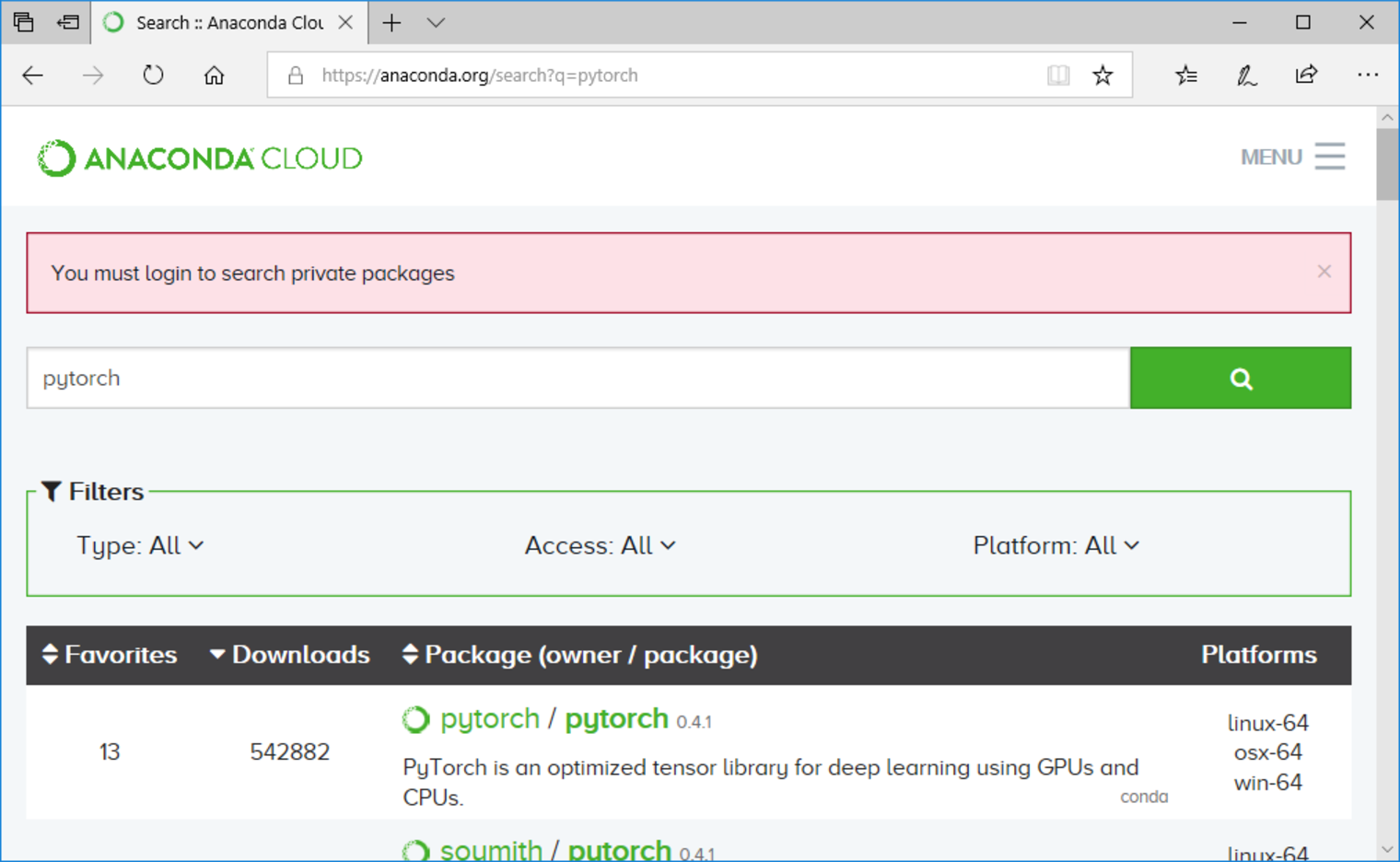Pythorch Anaconda Search